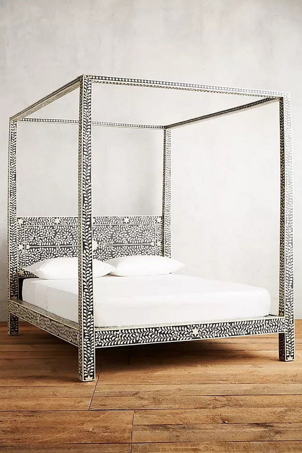 Lakecity Arts Bone Inlay Floral Design Four Poster Bed Black, Bone Inlay Floral Design Four Poster Double Bed Black