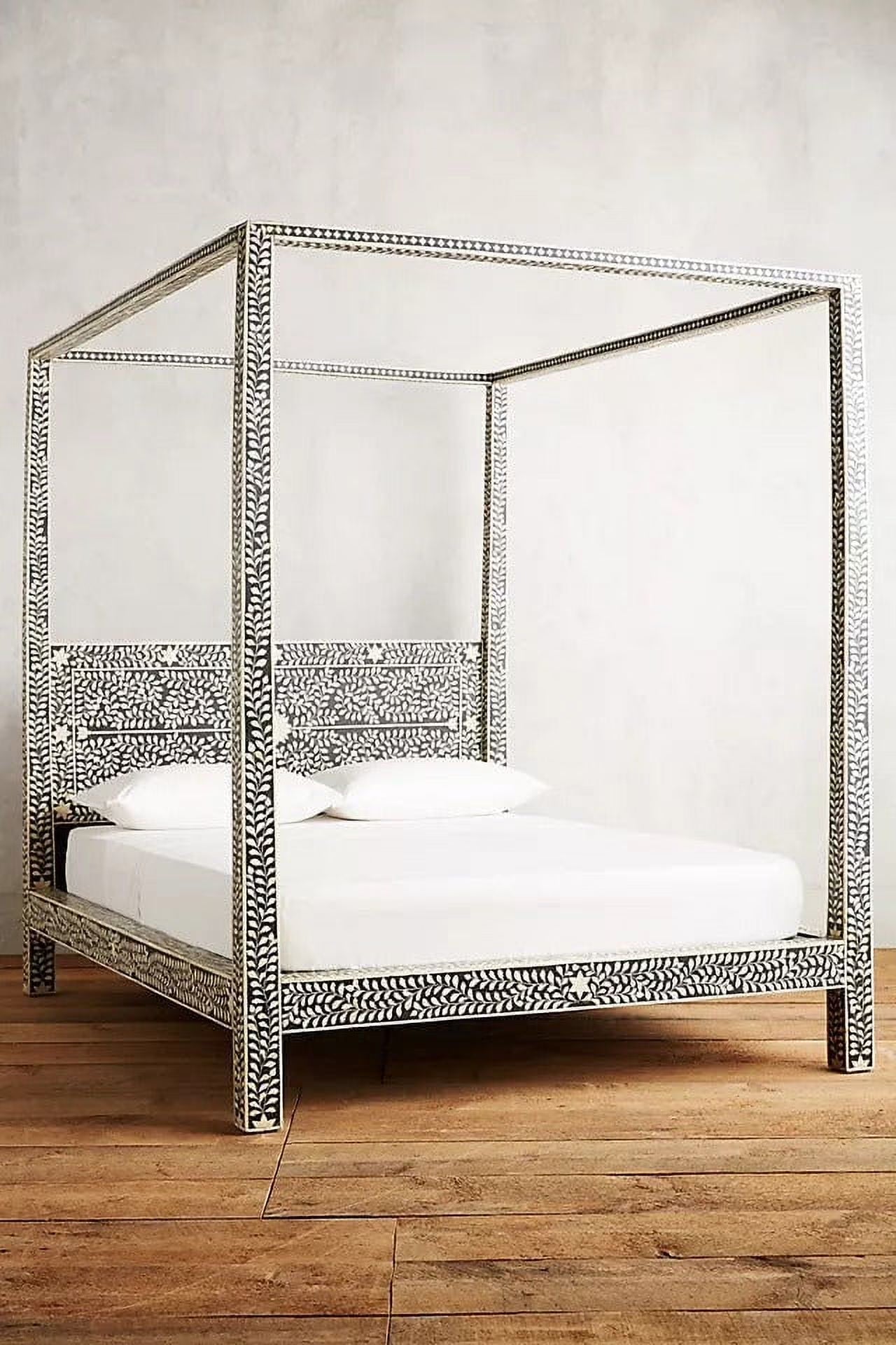Lakecity Arts Bone Inlay Floral Design Four Poster Bed Black, Bone Inlay Floral Design Four Poster Double Bed Black