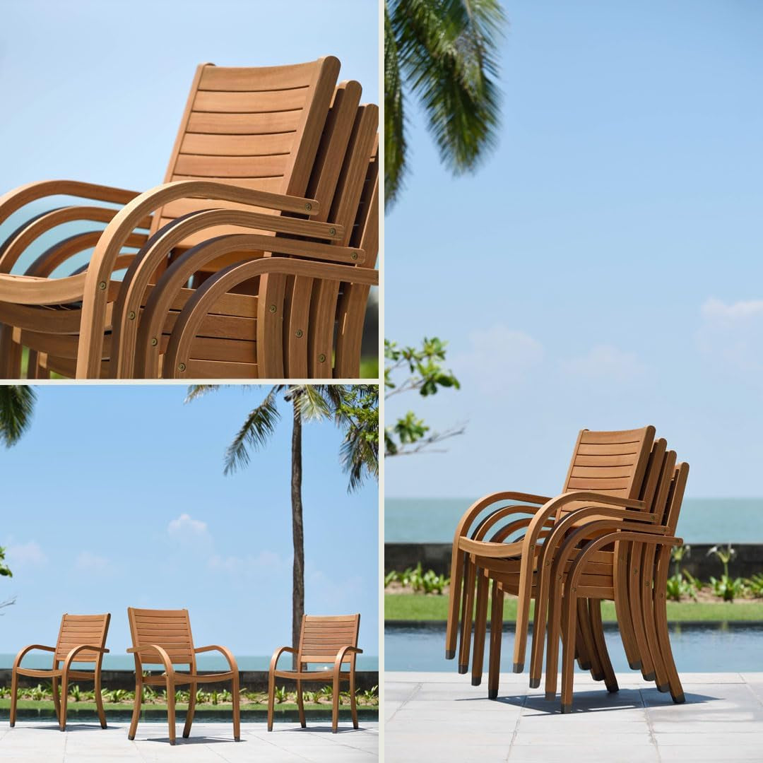 Outdoor 7 -Piece Natural Patio Dining Set Extendable Table Wood Oval Table with 6 Stackable Stationary Chairs