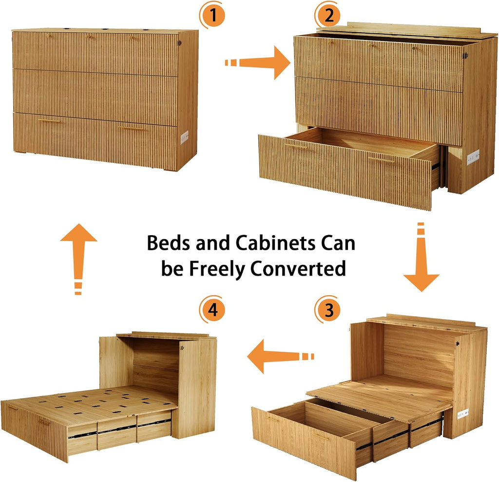 Murphy Bed Cabinet Full: Oak Hideaway Bed Cabinet with Drawer, Fluted Murphy Beds with Charging Station, Wood Cabinets Beds for Guest Room, Home Office