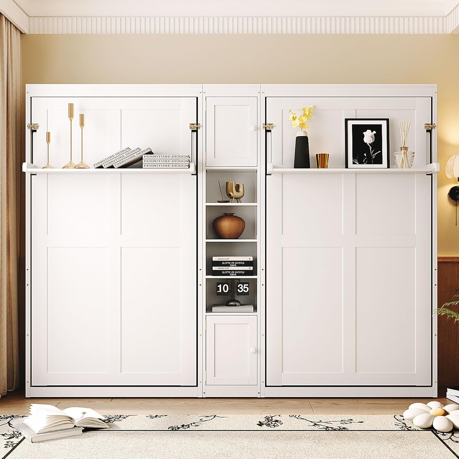 Dual Twin Size Murphy Bed, Wooden Wall Bed with Cabinets and Shelves, White