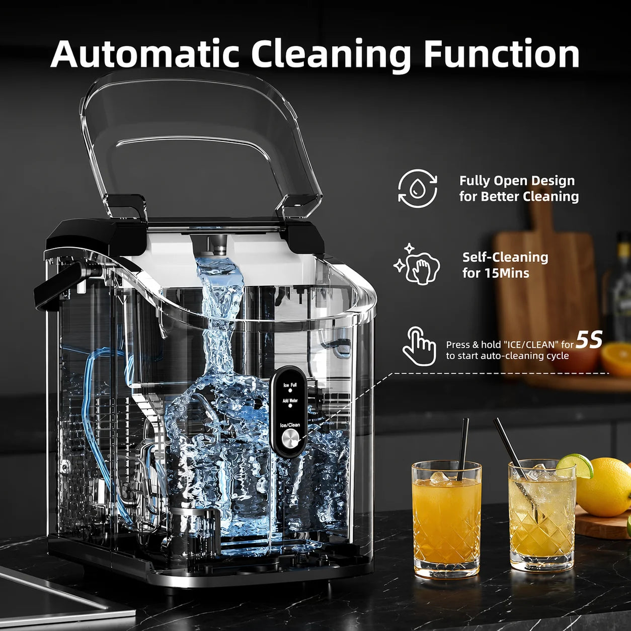 Nugget Ice Maker Countertop, Ready in 6 Mins ,35Lbs /24H with Self-Cleaning,Portable Sonic Ice Machine for Home/Office/Bar, Black
