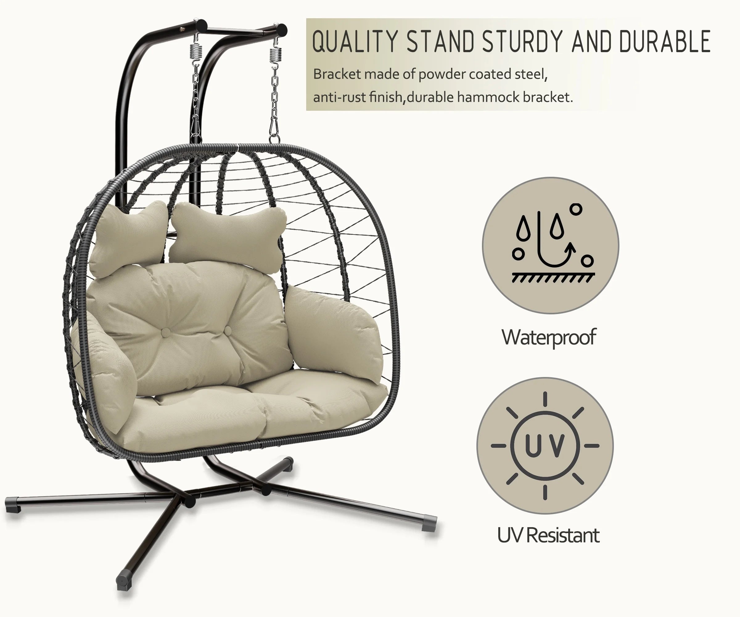 Double Wicker Swing Egg Chair Hammock Foldable Hanging Loveseat with Stand, UV Resistant Removable Cushions, 700LBS Capacity for Bedroom, Balcony (Black and Beige)