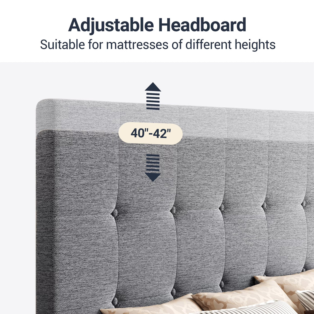 Full Size Upholstered Platform Bed Frame with 4 Drawers Storage and Square Stitched Button Tufted Headboard, Light Grey