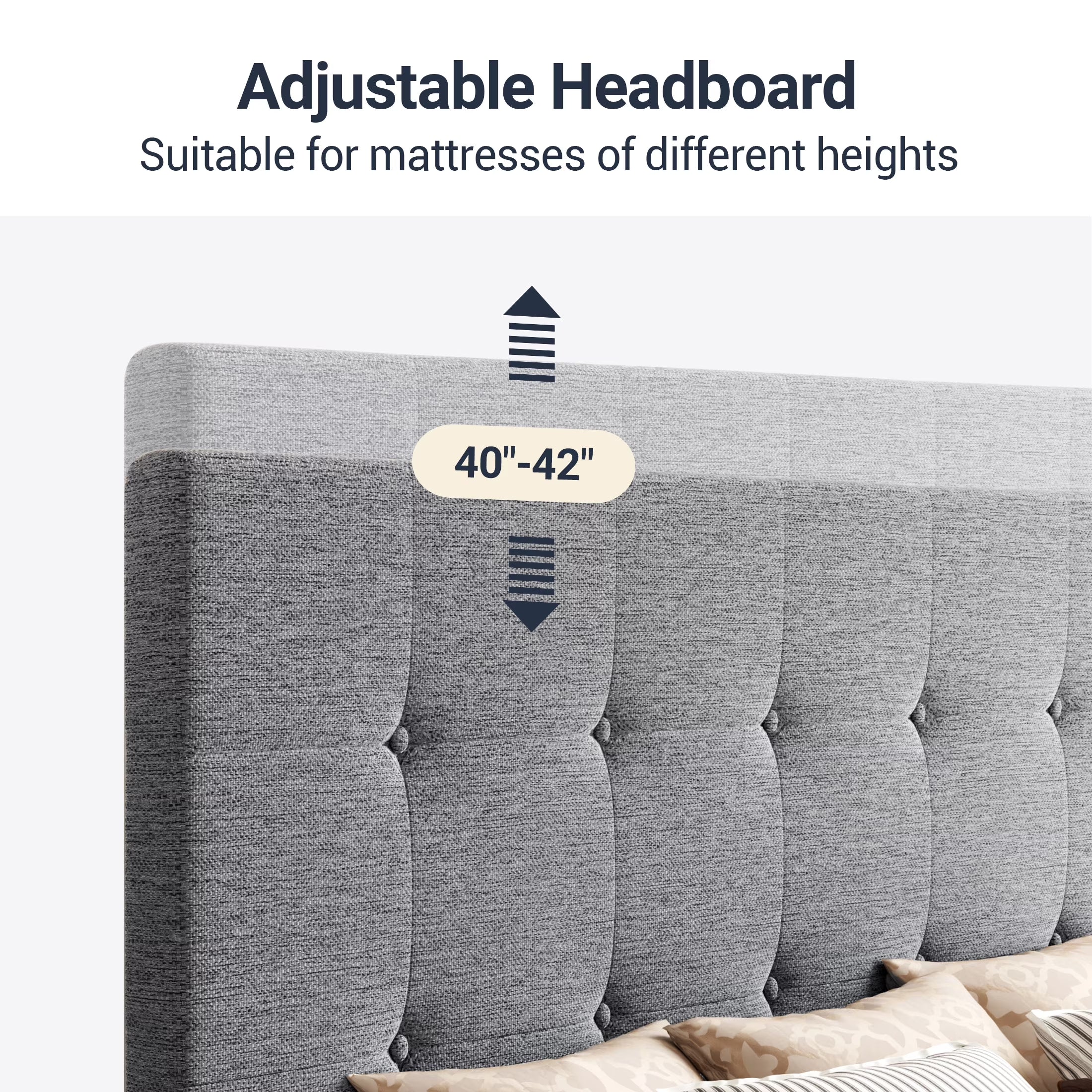Full Size Upholstered Platform Bed Frame with 4 Drawers Storage and Square Stitched Button Tufted Headboard, Light Grey