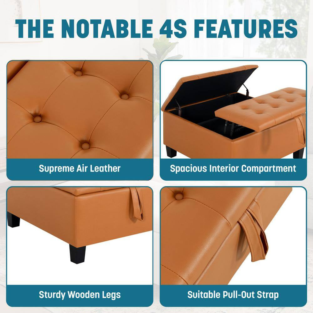 Caramel, Folding Storage Ottoman, Upholstered Leather Ottoman Coffee Table, Large Ottoman with Storage for Living Room