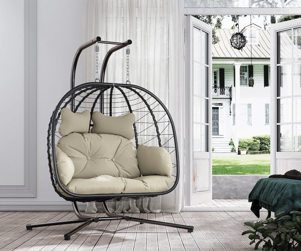 Double Wicker Swing Egg Chair Hammock Foldable Hanging Loveseat with Stand, UV Resistant Removable Cushions, 700LBS Capacity for Bedroom, Balcony (Black and Beige)