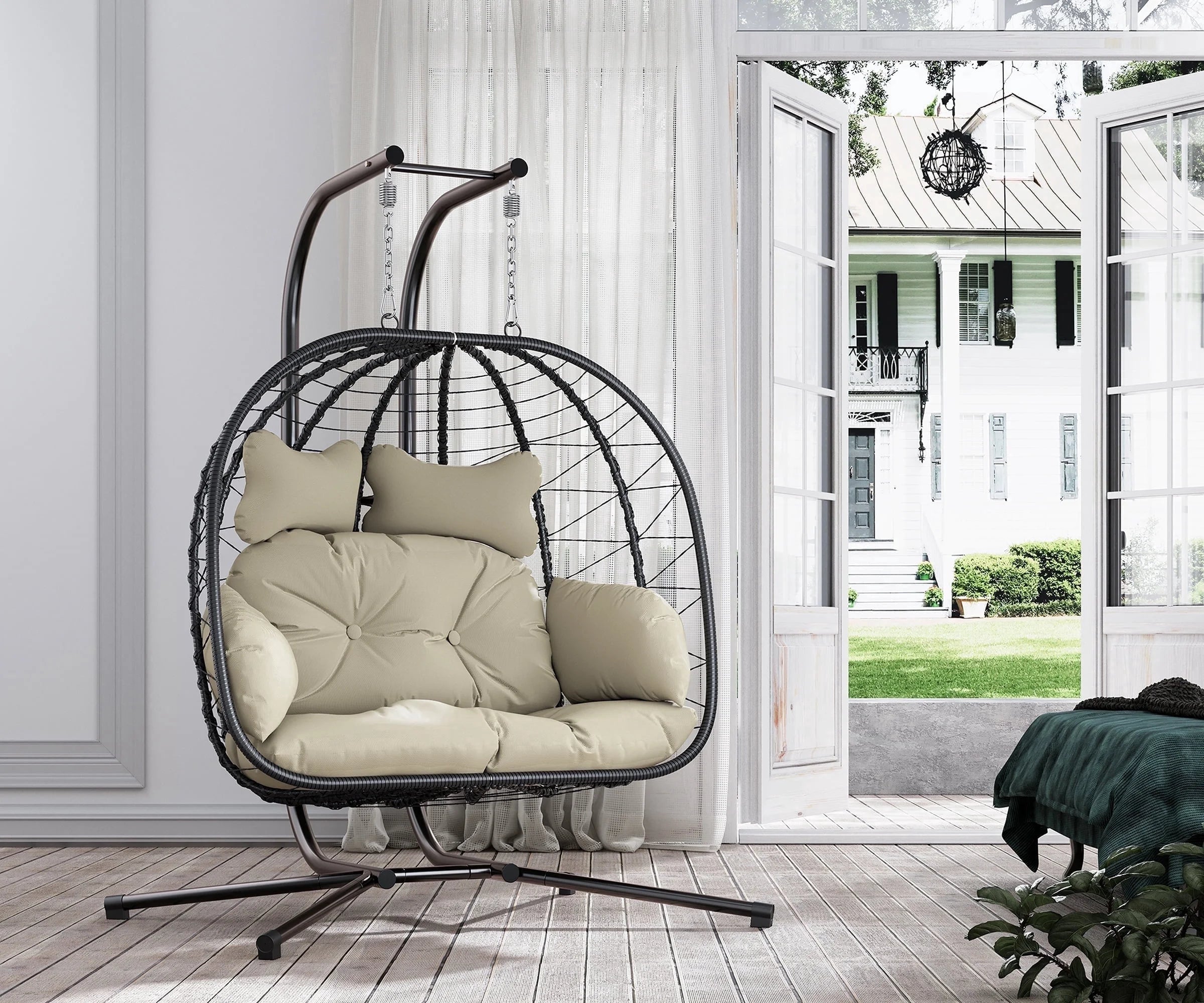 Double Wicker Swing Egg Chair Hammock Foldable Hanging Loveseat with Stand, UV Resistant Removable Cushions, 700LBS Capacity for Bedroom, Balcony (Black and Beige)