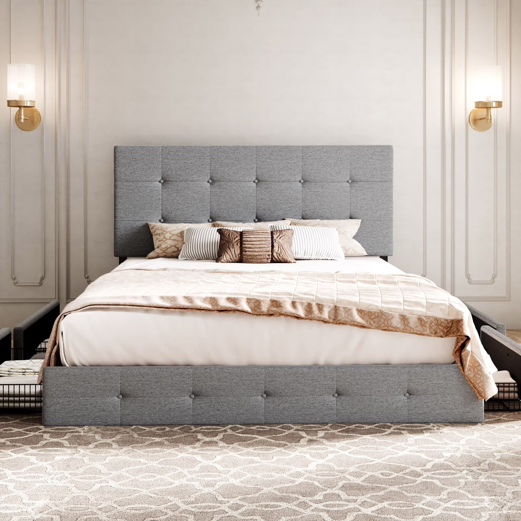 Full Size Upholstered Platform Bed Frame with 4 Drawers Storage and Square Stitched Button Tufted Headboard, Light Grey