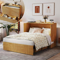 Murphy Bed Cabinet Full: Oak Hideaway Bed Cabinet with Drawer, Fluted Murphy Beds with Charging Station, Wood Cabinets Beds for Guest Room, Home Office