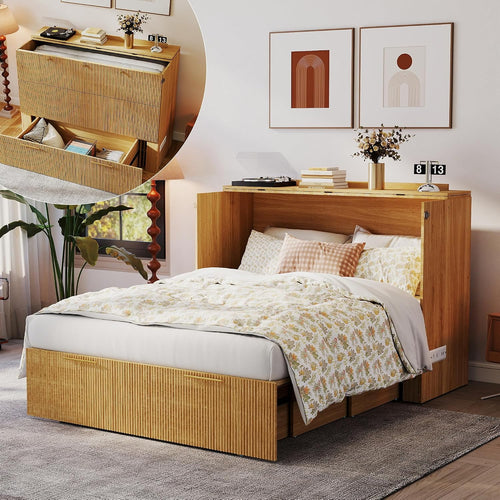 Murphy Bed Cabinet Full: Oak Hideaway Bed Cabinet with Drawer, Fluted Murphy Beds with Charging Station, Wood Cabinets Beds for Guest Room, Home Office