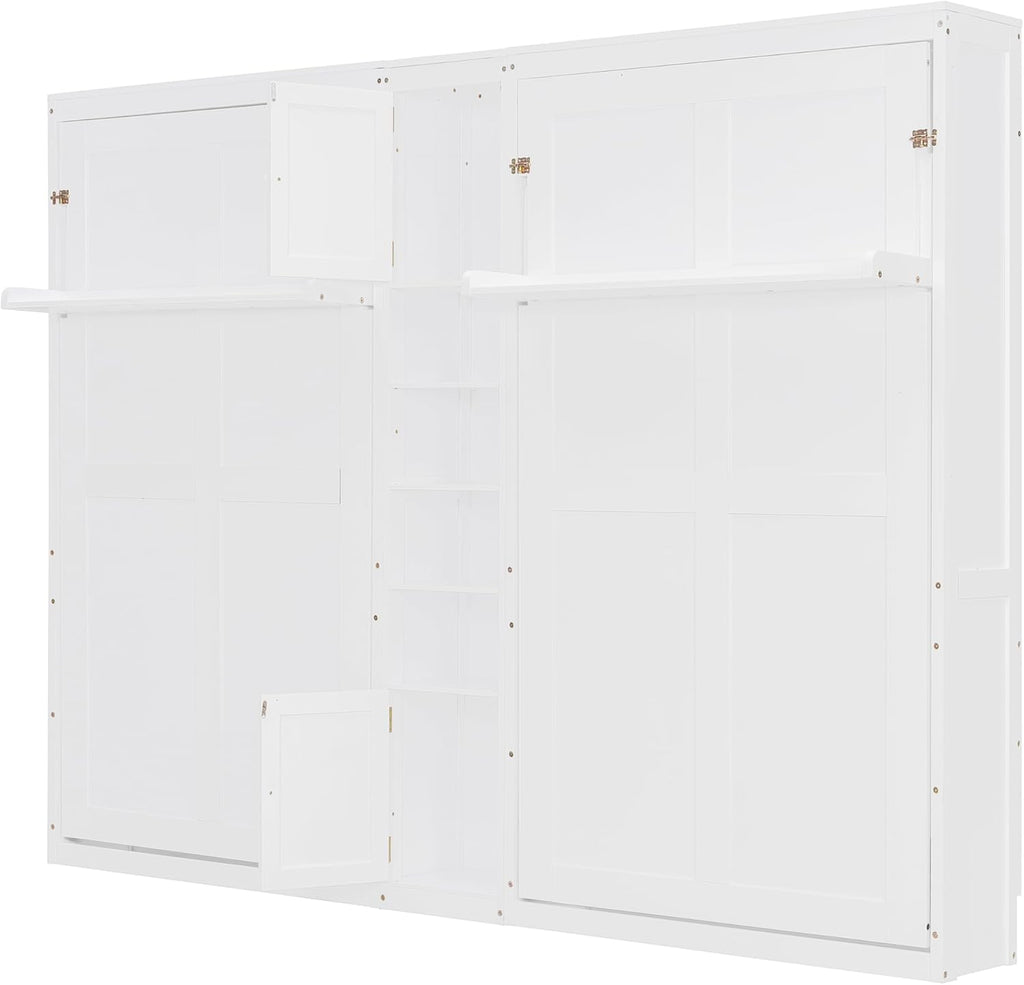 Dual Twin Size Murphy Bed, Wooden Wall Bed with Cabinets and Shelves, White
