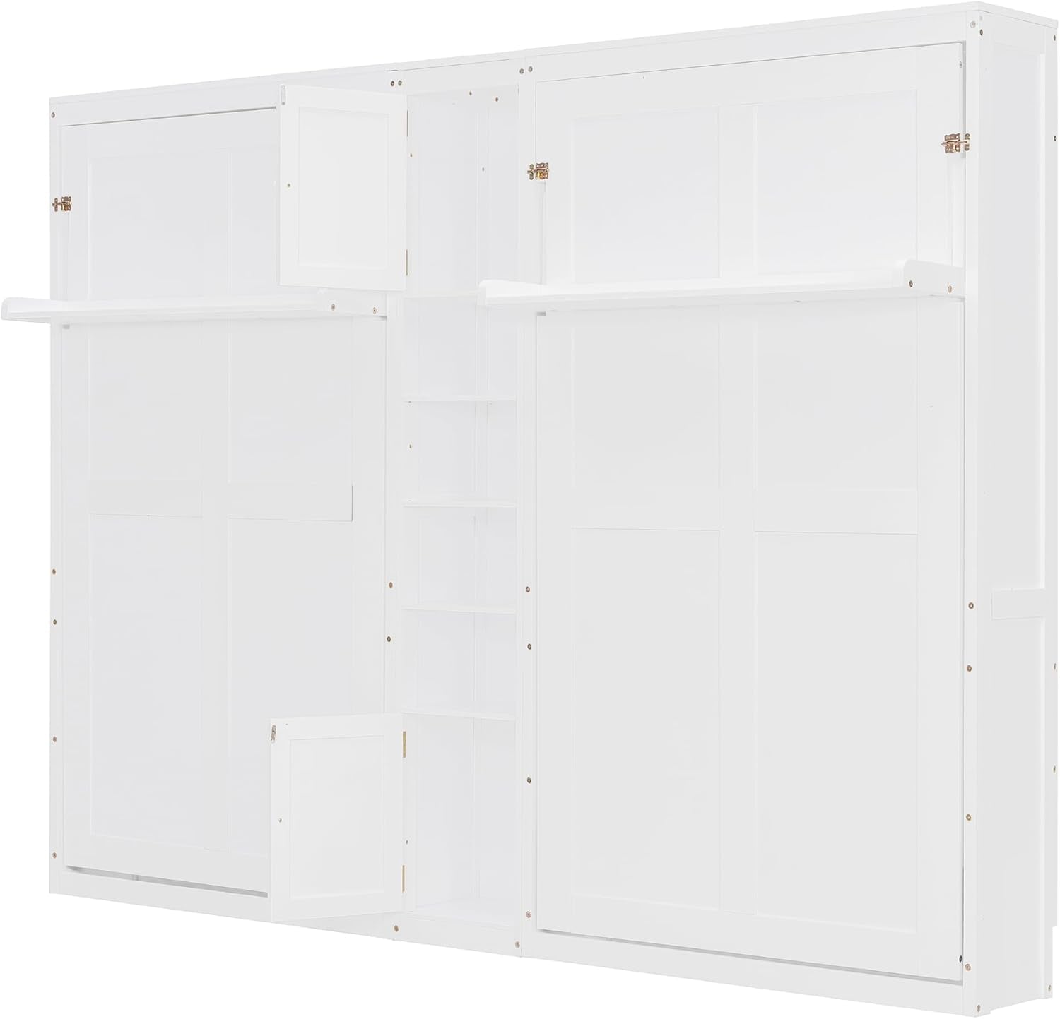 Dual Twin Size Murphy Bed, Wooden Wall Bed with Cabinets and Shelves, White