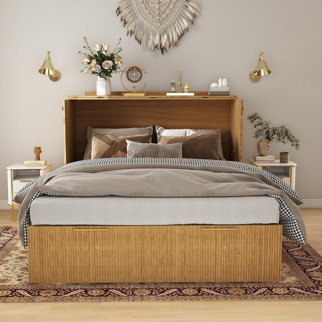 Murphy Bed Cabinet Full: Oak Hideaway Bed Cabinet with Drawer, Fluted Murphy Beds with Charging Station, Wood Cabinets Beds for Guest Room, Home Office