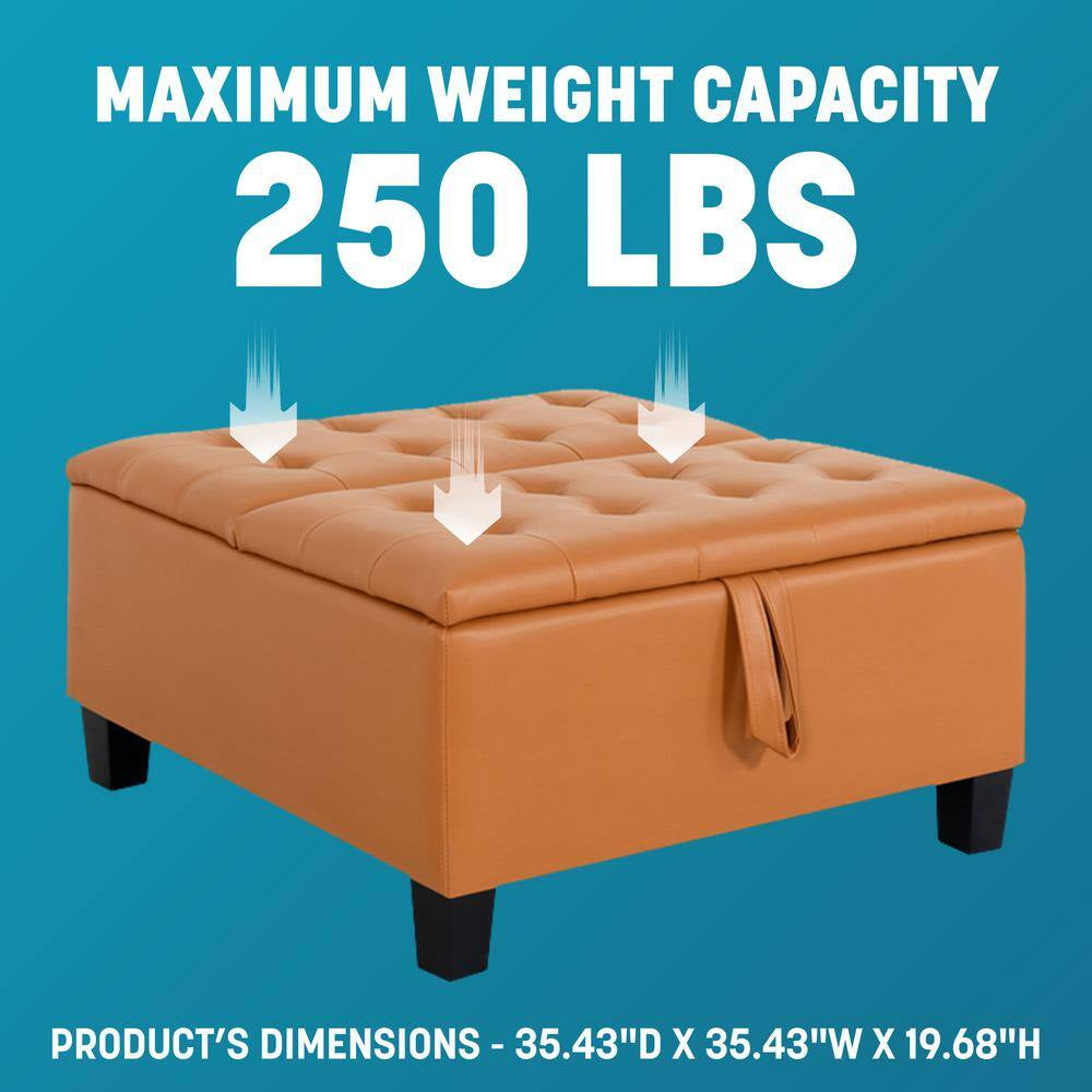 Caramel, Folding Storage Ottoman, Upholstered Leather Ottoman Coffee Table, Large Ottoman with Storage for Living Room
