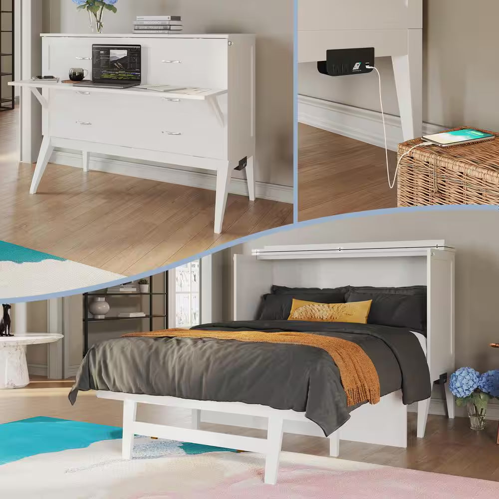 Northampton White Solid Wood Frame Full Size Murphy Bed Desk with Mattress