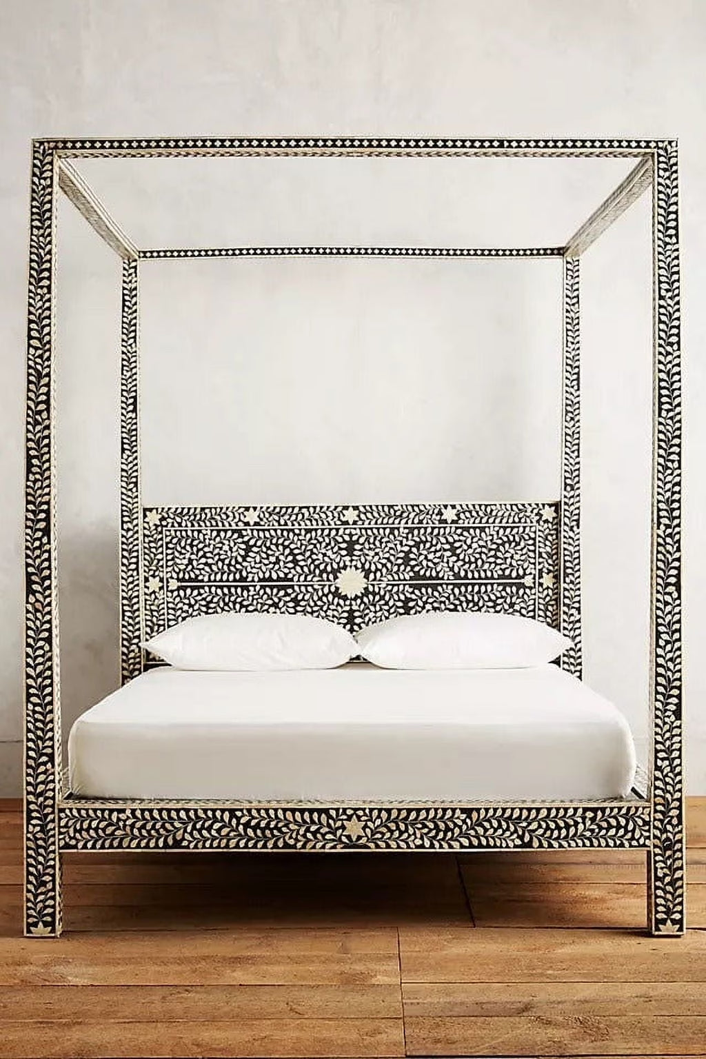 Lakecity Arts Bone Inlay Floral Design Four Poster Bed Black, Bone Inlay Floral Design Four Poster Double Bed Black