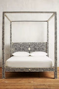 Lakecity Arts Bone Inlay Floral Design Four Poster Bed Black, Bone Inlay Floral Design Four Poster Double Bed Black