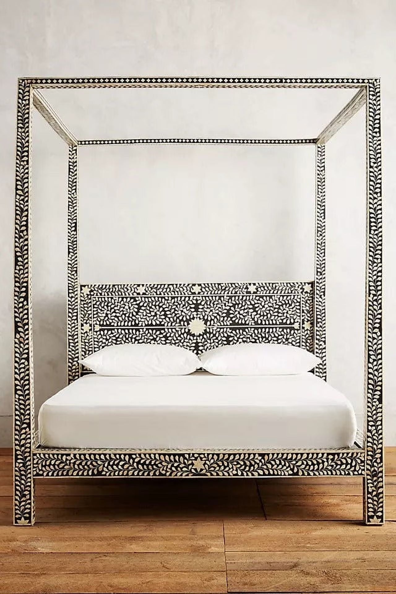 Lakecity Arts Bone Inlay Floral Design Four Poster Bed Black, Bone Inlay Floral Design Four Poster Double Bed Black