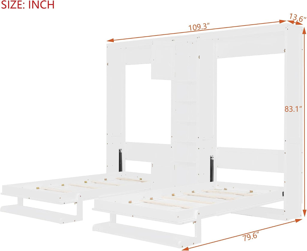 Dual Twin Size Murphy Bed, Wooden Wall Bed with Cabinets and Shelves, White