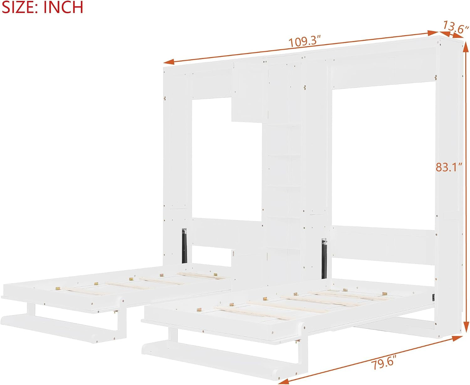 Dual Twin Size Murphy Bed, Wooden Wall Bed with Cabinets and Shelves, White
