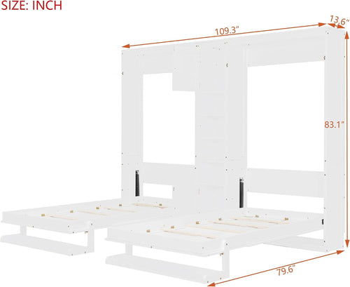 Dual Twin Size Murphy Bed, Wooden Wall Bed with Cabinets and Shelves, White