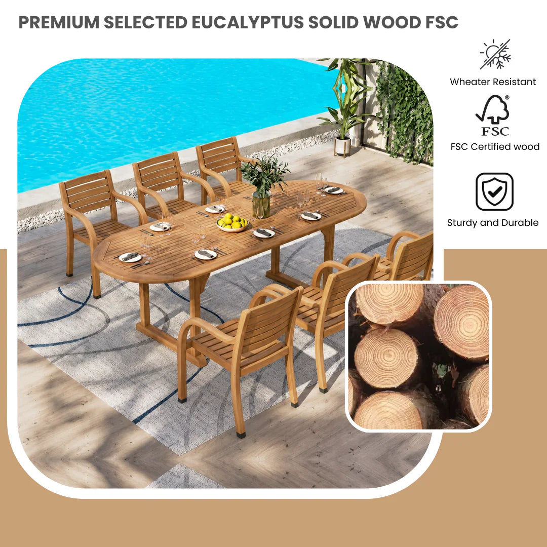 Outdoor 7 -Piece Natural Patio Dining Set Extendable Table Wood Oval Table with 6 Stackable Stationary Chairs