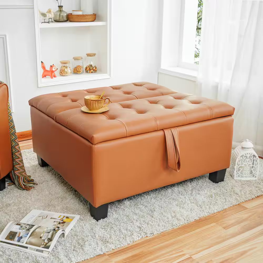 Caramel, Folding Storage Ottoman, Upholstered Leather Ottoman Coffee Table, Large Ottoman with Storage for Living Room