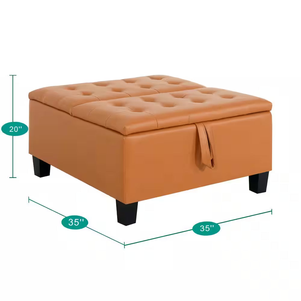 Caramel, Folding Storage Ottoman, Upholstered Leather Ottoman Coffee Table, Large Ottoman with Storage for Living Room