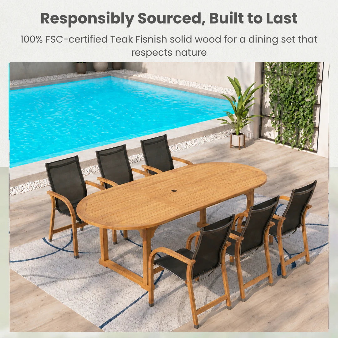 Outdoor 7 -Piece Natural Patio Dining Set Extendable Table Wood Oval Table with 6 Stackable Stationary Chairs