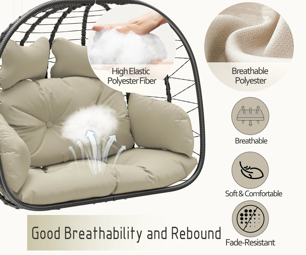Double Wicker Swing Egg Chair Hammock Foldable Hanging Loveseat with Stand, UV Resistant Removable Cushions, 700LBS Capacity for Bedroom, Balcony (Black and Beige)