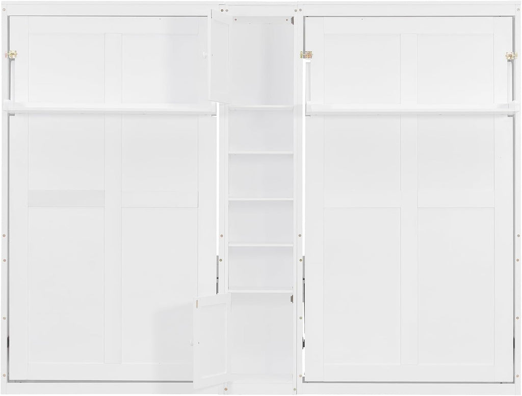 Dual Twin Size Murphy Bed, Wooden Wall Bed with Cabinets and Shelves, White