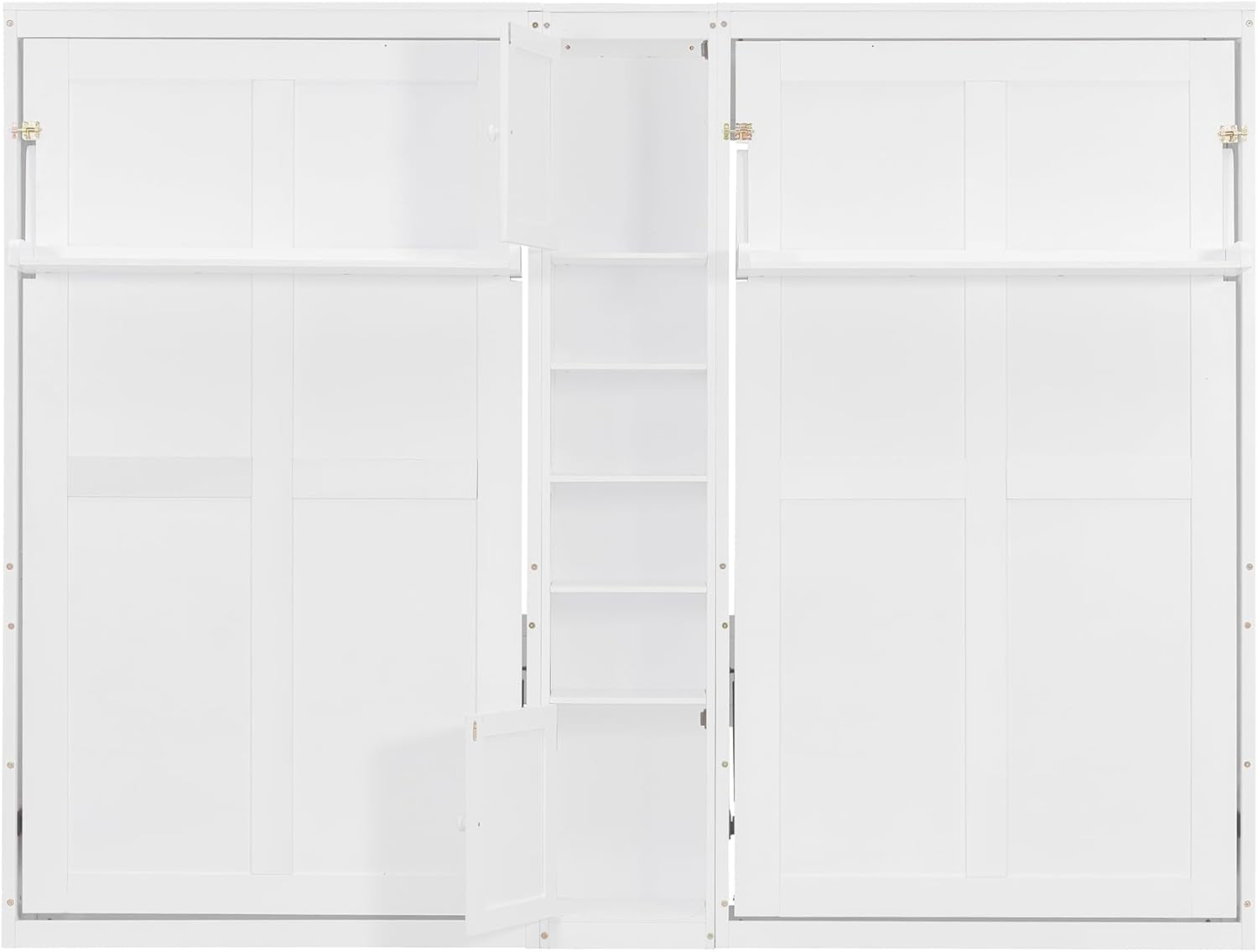 Dual Twin Size Murphy Bed, Wooden Wall Bed with Cabinets and Shelves, White