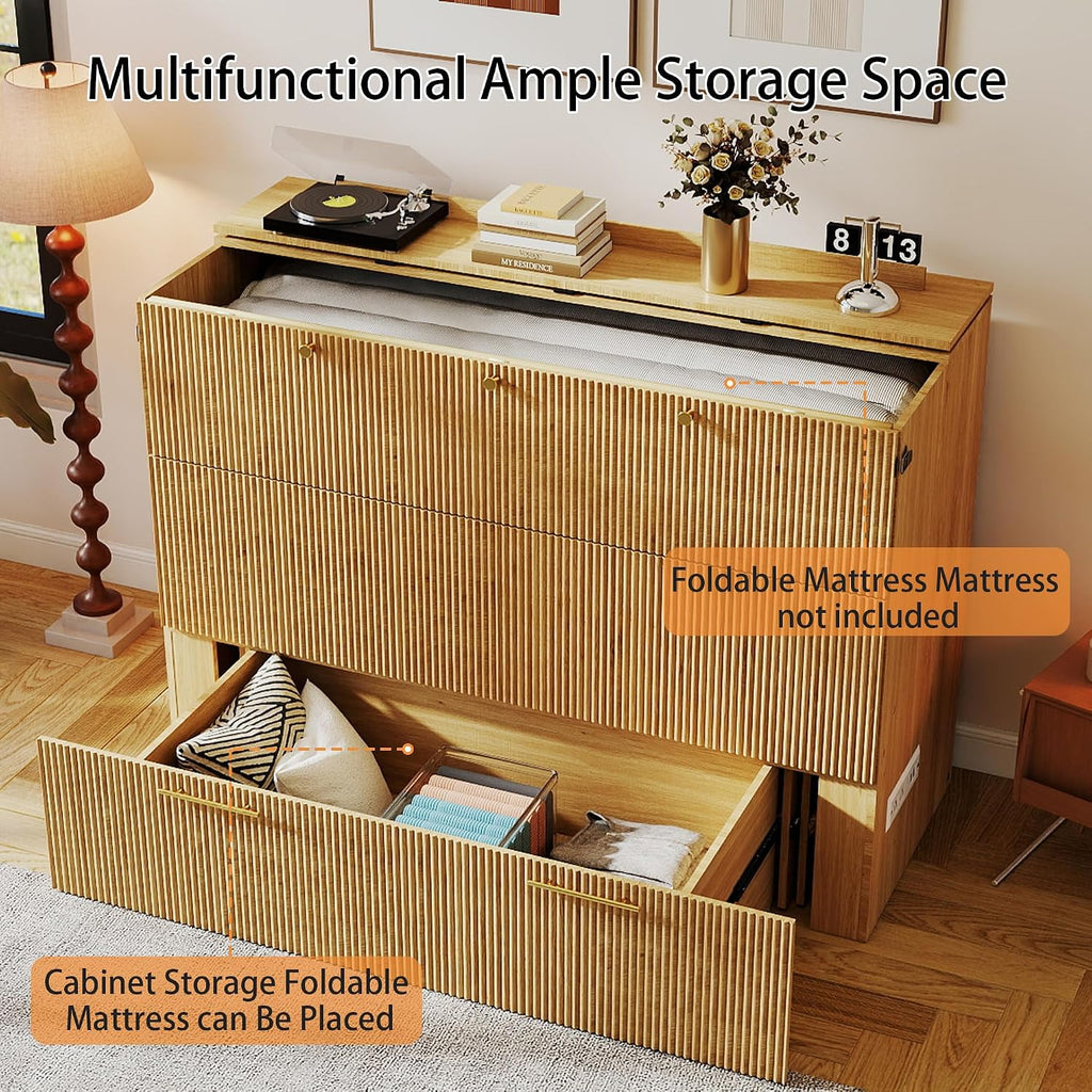 Murphy Bed Cabinet Full: Oak Hideaway Bed Cabinet with Drawer, Fluted Murphy Beds with Charging Station, Wood Cabinets Beds for Guest Room, Home Office