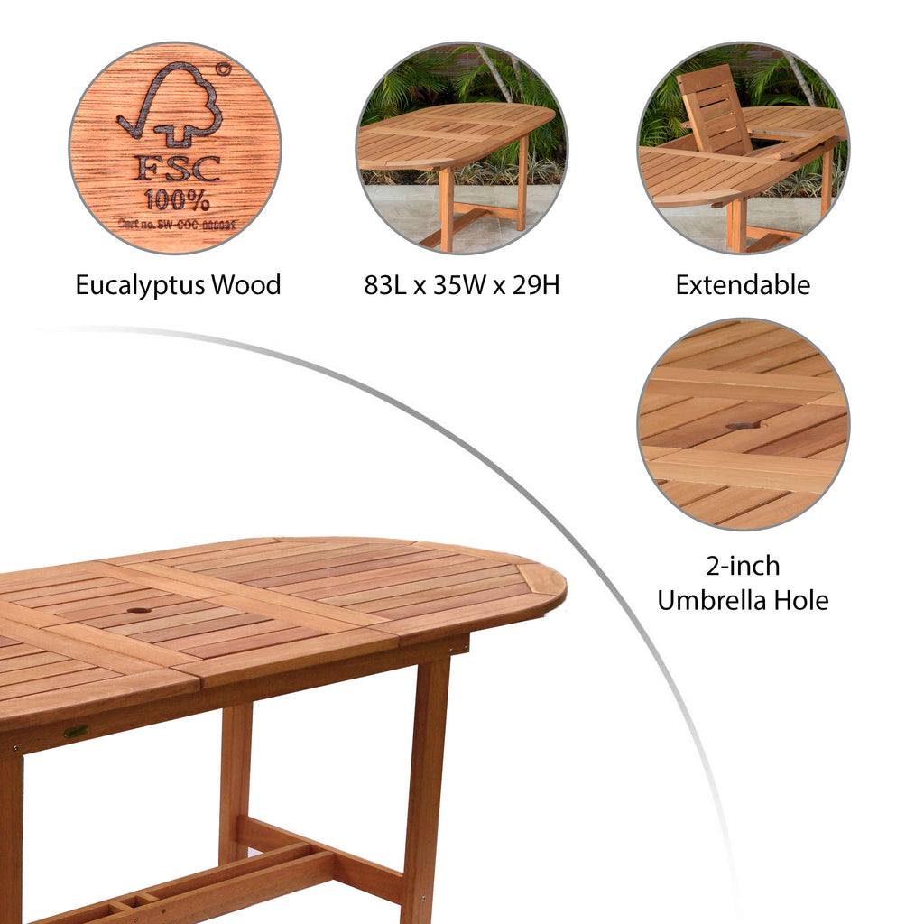 Outdoor 7 -Piece Natural Patio Dining Set Extendable Table Wood Oval Table with 6 Stackable Stationary Chairs
