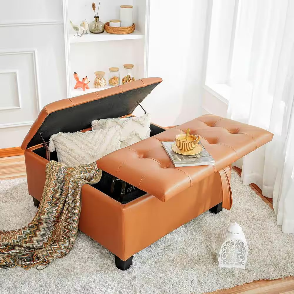 Caramel, Folding Storage Ottoman, Upholstered Leather Ottoman Coffee Table, Large Ottoman with Storage for Living Room
