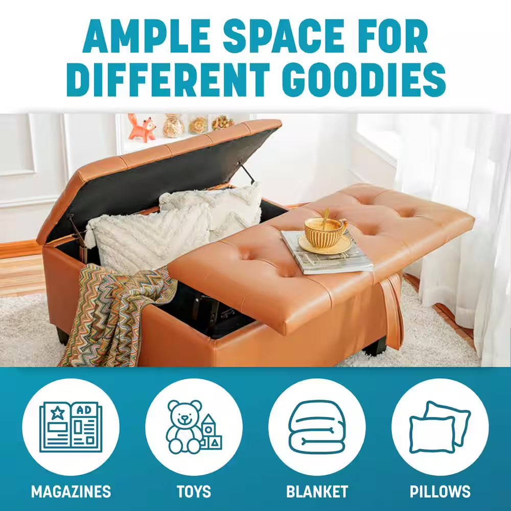 Caramel, Folding Storage Ottoman, Upholstered Leather Ottoman Coffee Table, Large Ottoman with Storage for Living Room