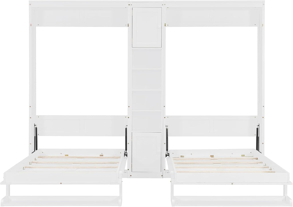 Dual Twin Size Murphy Bed, Wooden Wall Bed with Cabinets and Shelves, White