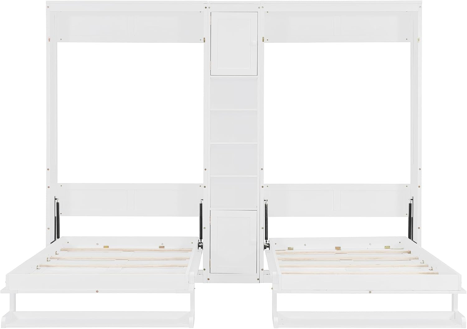 Dual Twin Size Murphy Bed, Wooden Wall Bed with Cabinets and Shelves, White