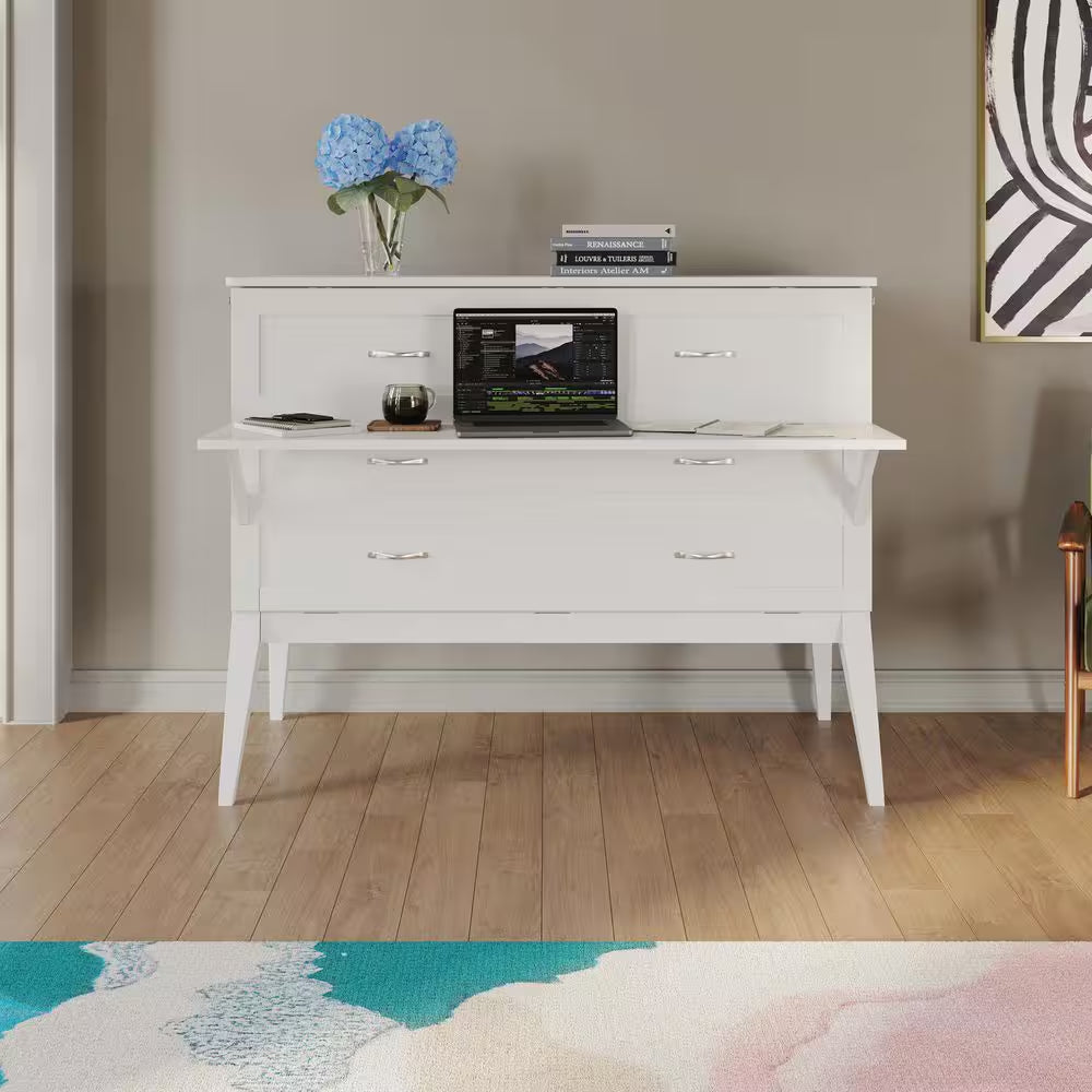 Northampton White Solid Wood Frame Full Size Murphy Bed Desk with Mattress