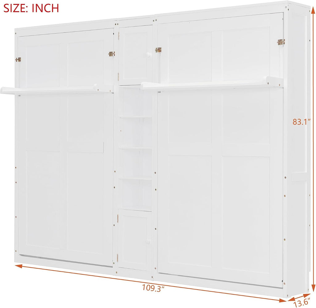 Dual Twin Size Murphy Bed, Wooden Wall Bed with Cabinets and Shelves, White