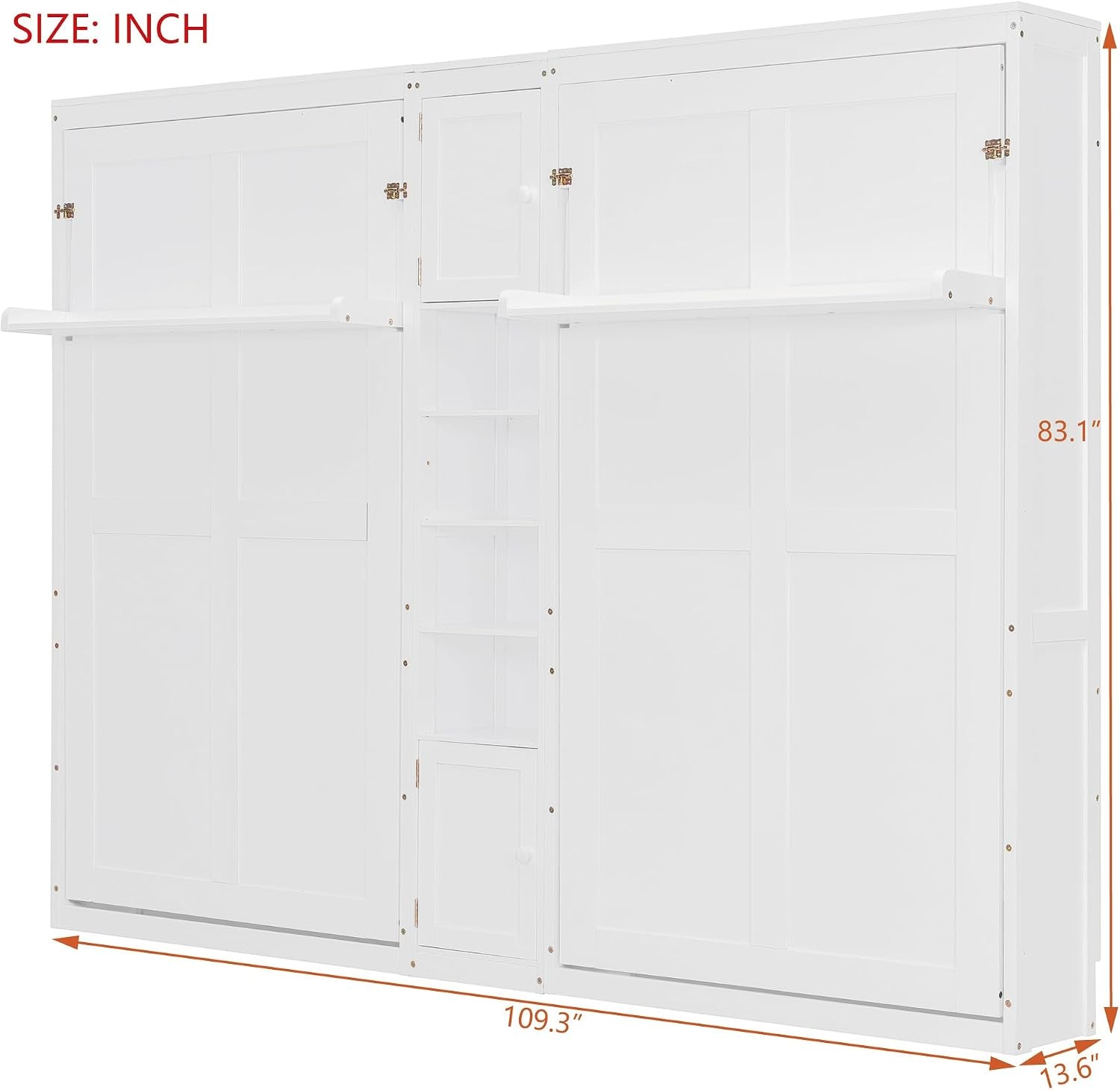 Dual Twin Size Murphy Bed, Wooden Wall Bed with Cabinets and Shelves, White
