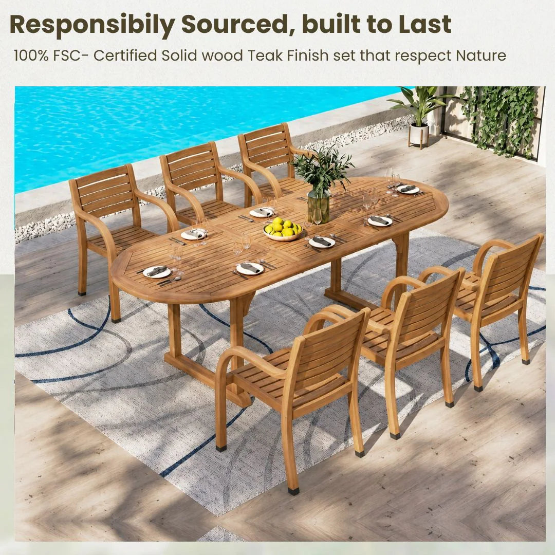 Outdoor 7 -Piece Natural Patio Dining Set Extendable Table Wood Oval Table with 6 Stackable Stationary Chairs