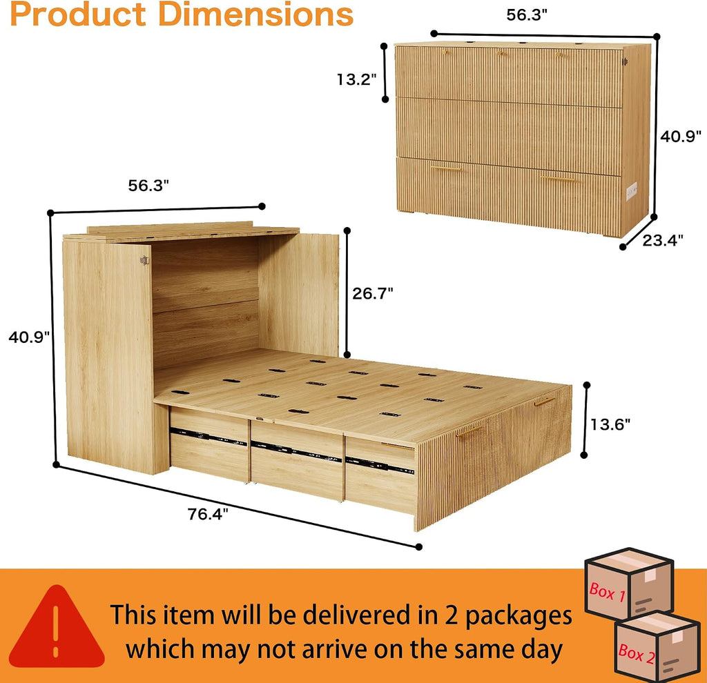 Murphy Bed Cabinet Full: Oak Hideaway Bed Cabinet with Drawer, Fluted Murphy Beds with Charging Station, Wood Cabinets Beds for Guest Room, Home Office