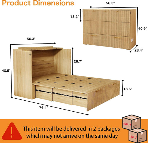 Murphy Bed Cabinet Full: Oak Hideaway Bed Cabinet with Drawer, Fluted Murphy Beds with Charging Station, Wood Cabinets Beds for Guest Room, Home Office