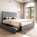 Full Size Upholstered Platform Bed Frame with 4 Drawers Storage and Square Stitched Button Tufted Headboard, Light Grey