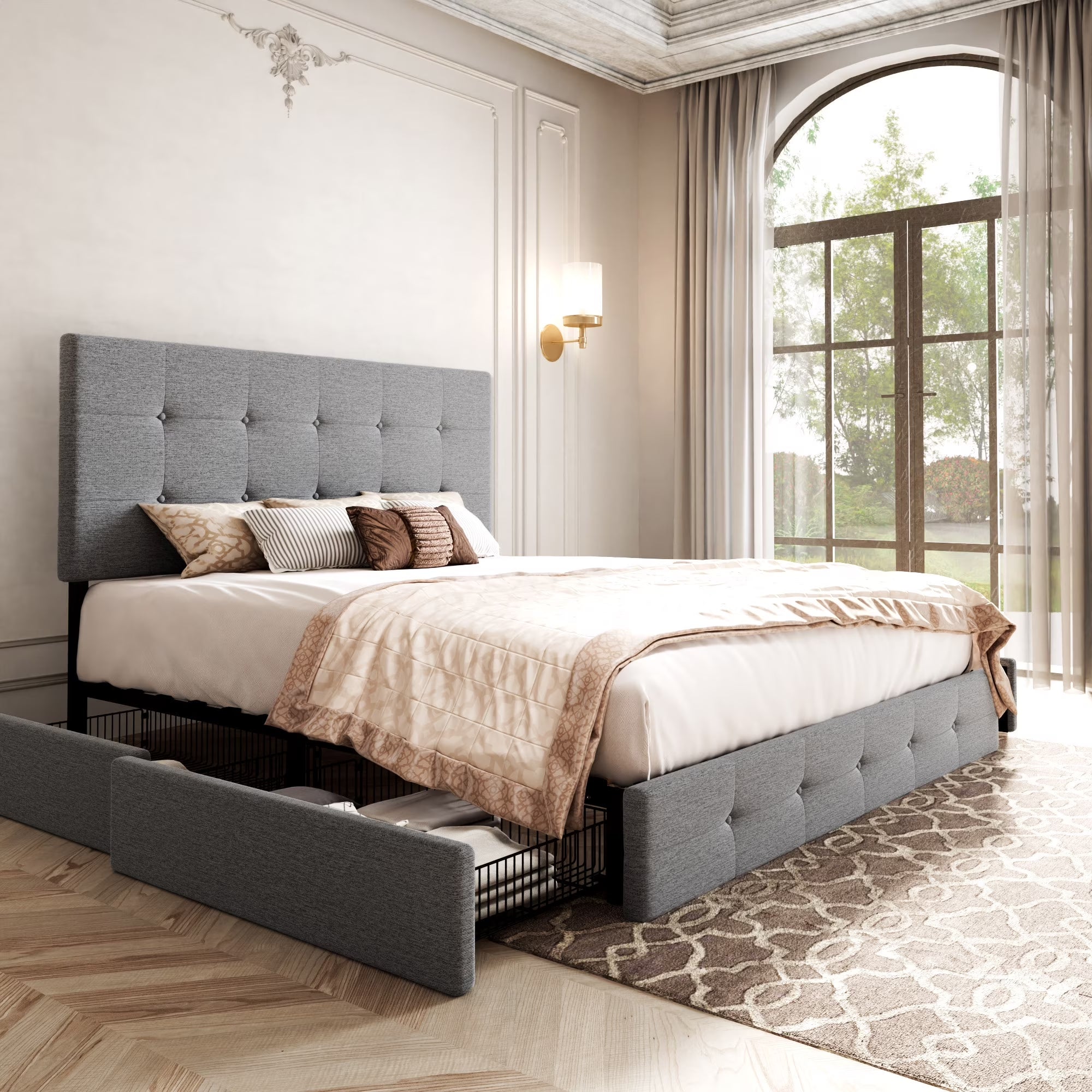 Full Size Upholstered Platform Bed Frame with 4 Drawers Storage and Square Stitched Button Tufted Headboard, Light Grey