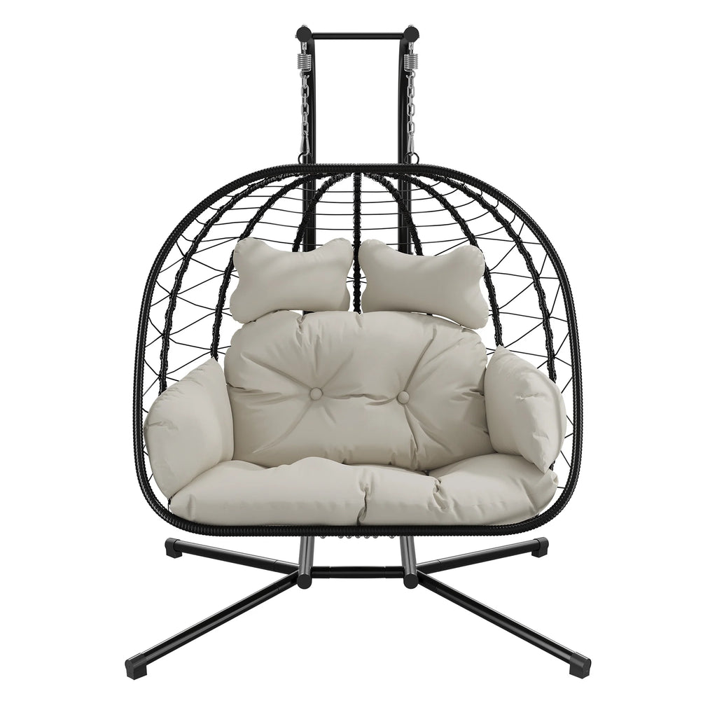 Double Wicker Swing Egg Chair Hammock Foldable Hanging Loveseat with Stand, UV Resistant Removable Cushions, 700LBS Capacity for Bedroom, Balcony (Black and Beige)