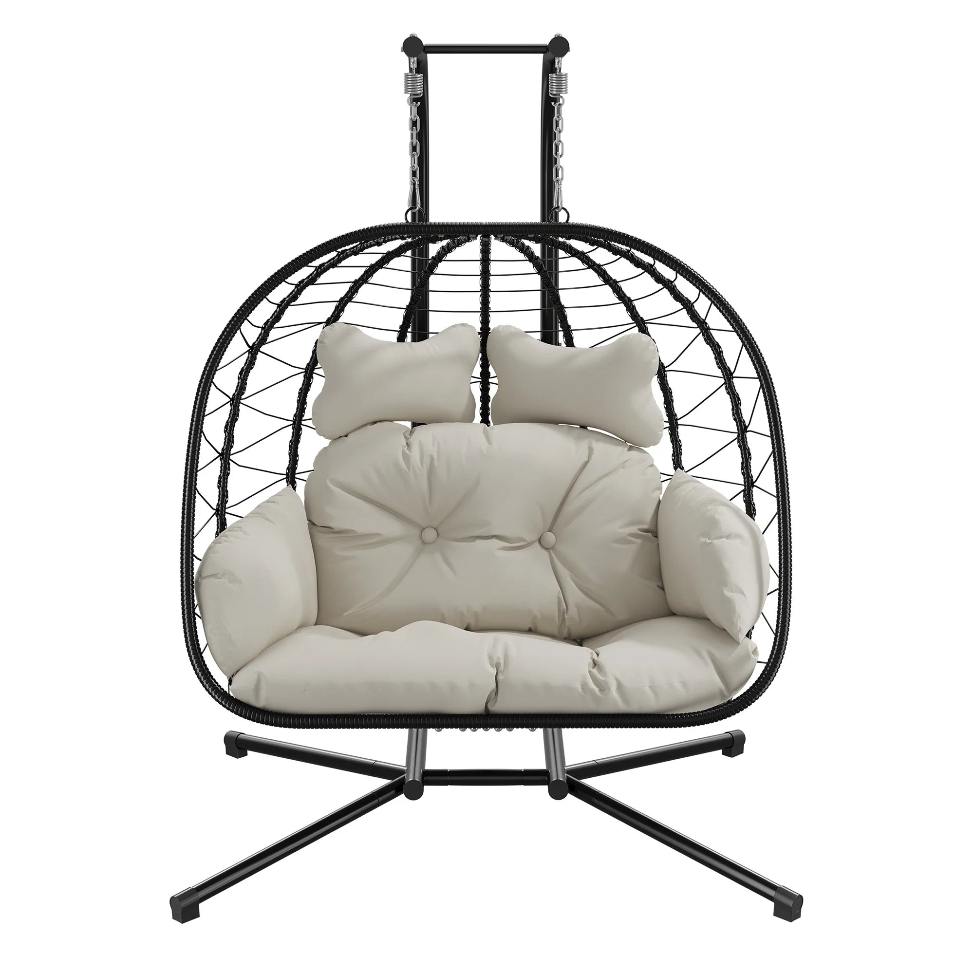 Double Wicker Swing Egg Chair Hammock Foldable Hanging Loveseat with Stand, UV Resistant Removable Cushions, 700LBS Capacity for Bedroom, Balcony (Black and Beige)