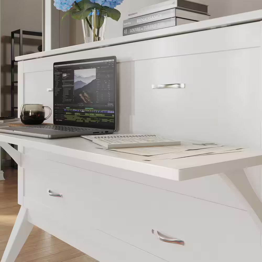 Northampton White Solid Wood Frame Full Size Murphy Bed Desk with Mattress
